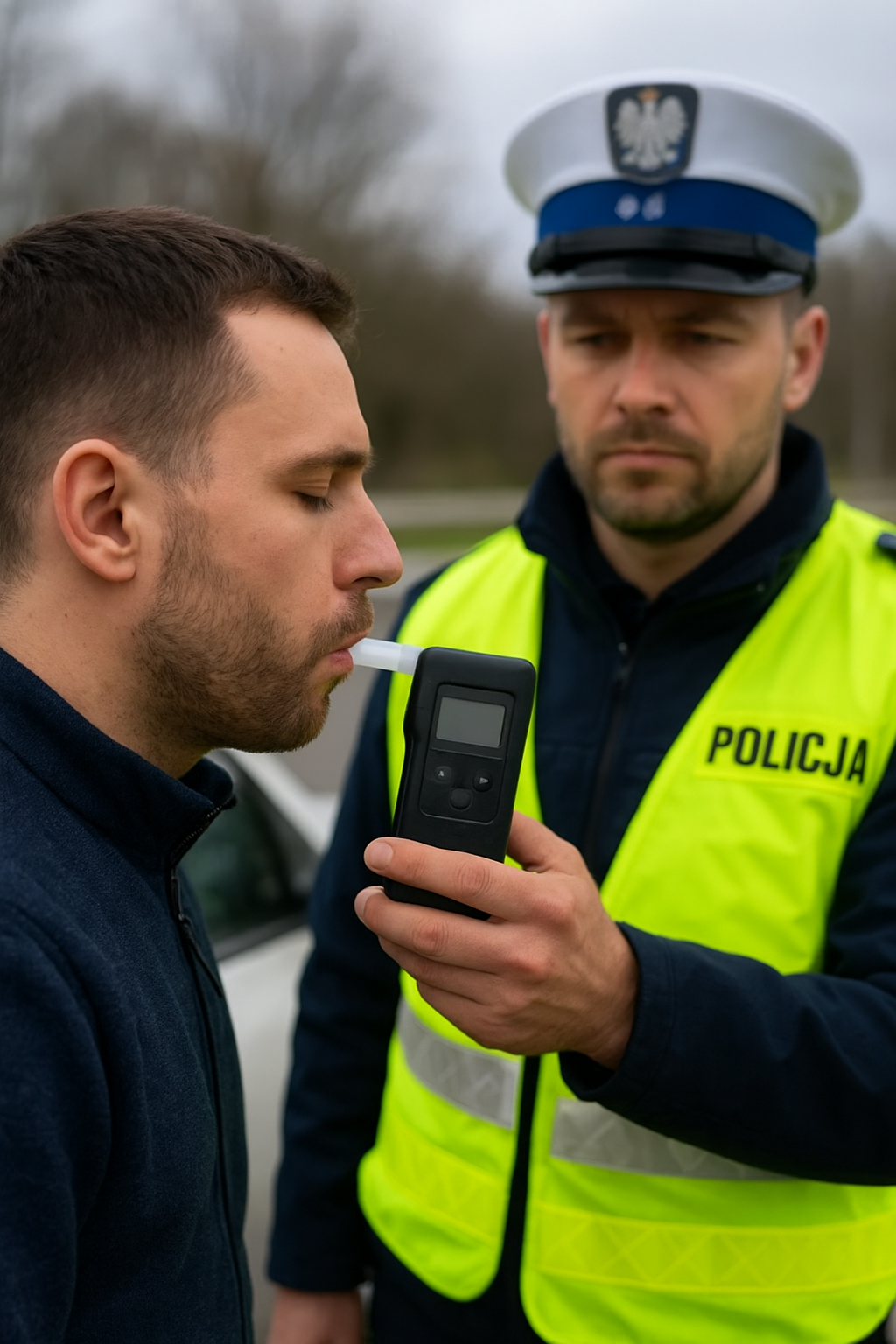 Policjant kontrolujący trzeźwość kierowcy