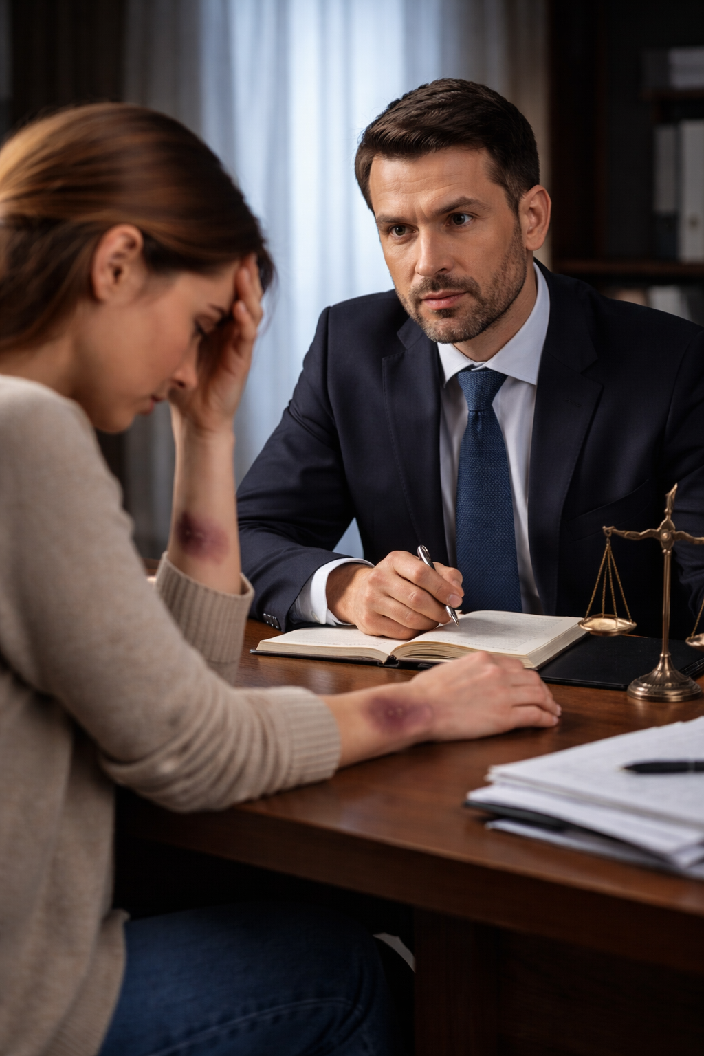 Konsultacja adwokata z osobą poszukującą pomocy w sprawie przemocy domowej